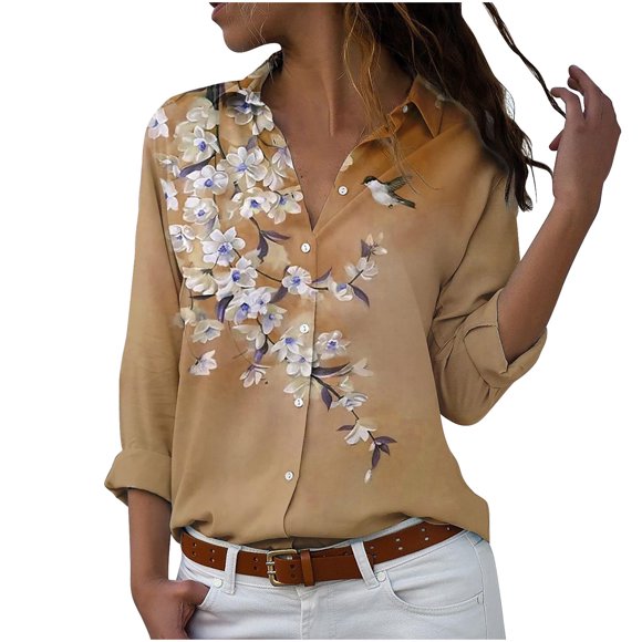 Mrat Chemise Habillée pour Femmes Manches Longues Sans Manches Tunique Cardigan Chemises Manches Longues Blouses Timeson pour Femmes Marron 2TG