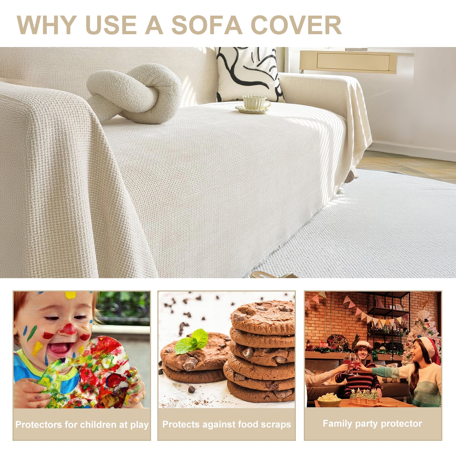 SANMADROLA Sofa Cover Beige Washable Couch Covers for 3 Cushion Couch Sofa Super Soft Sofa Slipcover Non Slip Sofa Cover, Chenille Sofa Covers for Dogs, Furniture Protector, 71"x150"