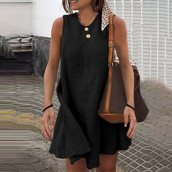 Summer Dresses for Women under $10! Xqxayjr Women's Summer Sleeveless Mini Dress Plus Size Cotton Linen Round Neck A Line Flowy Tank Short Dress Boho Loose Casual Vacation Beach Sundress