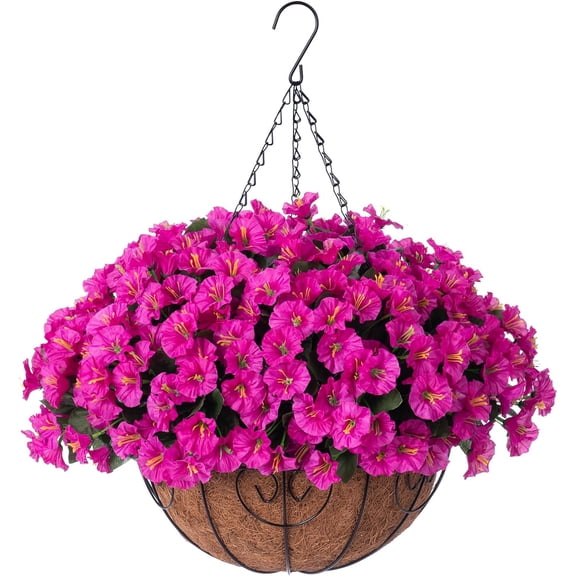 Artificial Fake Hanging Flowers Plants Baskets for Outdoor Outside Summer Decoration, Faux Silk Fuchsia Morning Glory in Planter UV Resistant Realistic for Home Porch Patio Balcony Garden Yard