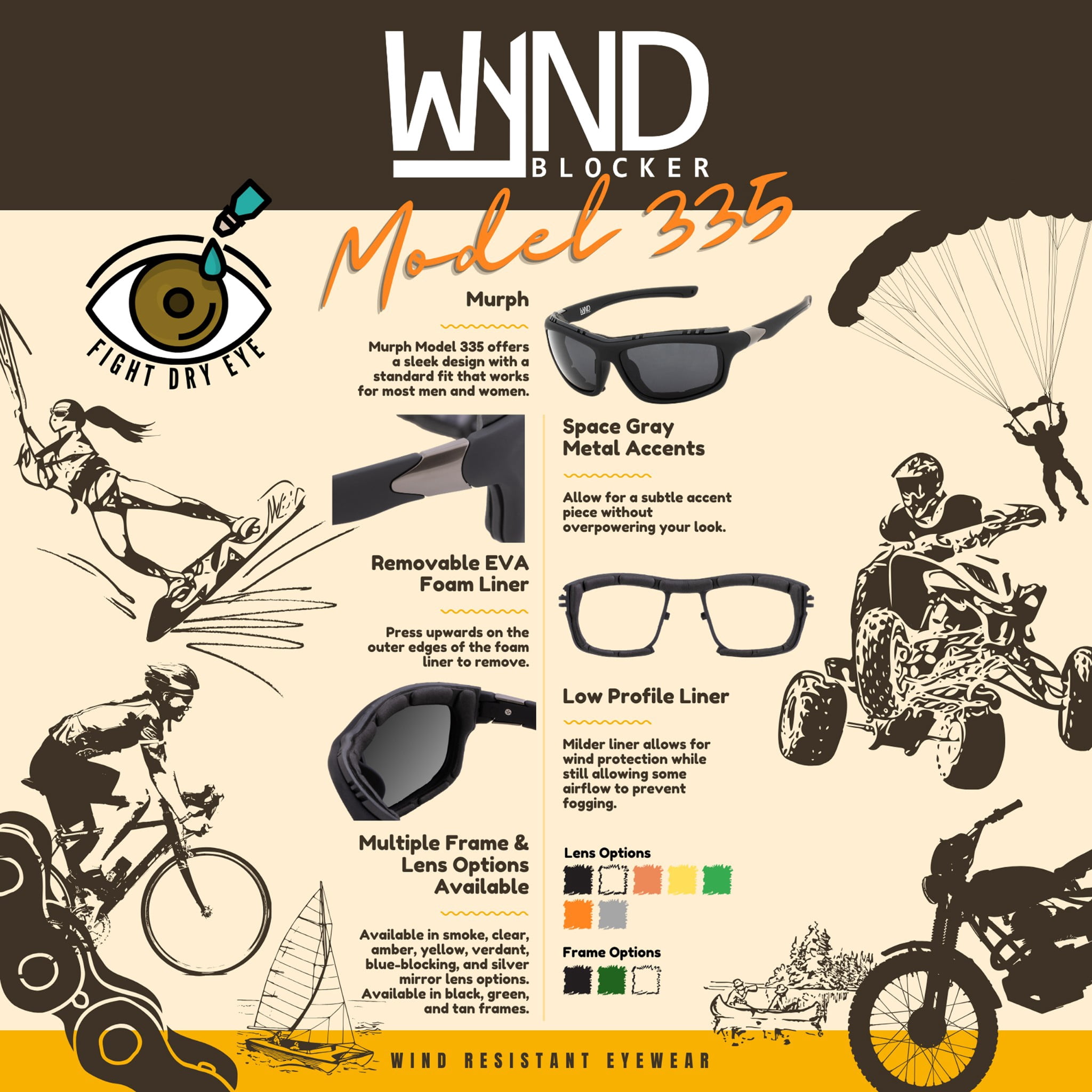 WYND Blocker Murph Wind Resistant Sunglasses Motorcycle Riding Dry Eye Glasses (M335 - Black, Clear)