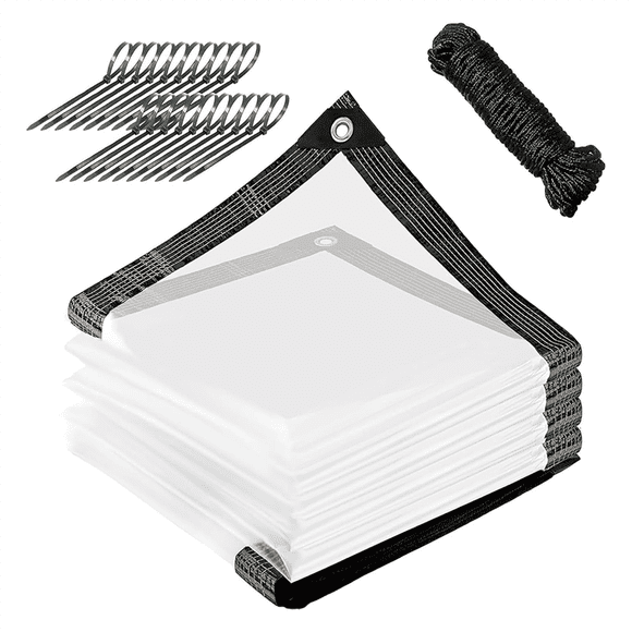 10x12 FT Clear Tarp Heavy Duty Waterproof, Clear Tarps with Grommets, Clear Plastic Tarp with Reinforced Edge,1 x Waterproof Tarps 1 x rope 20 x cable ties,Transparent