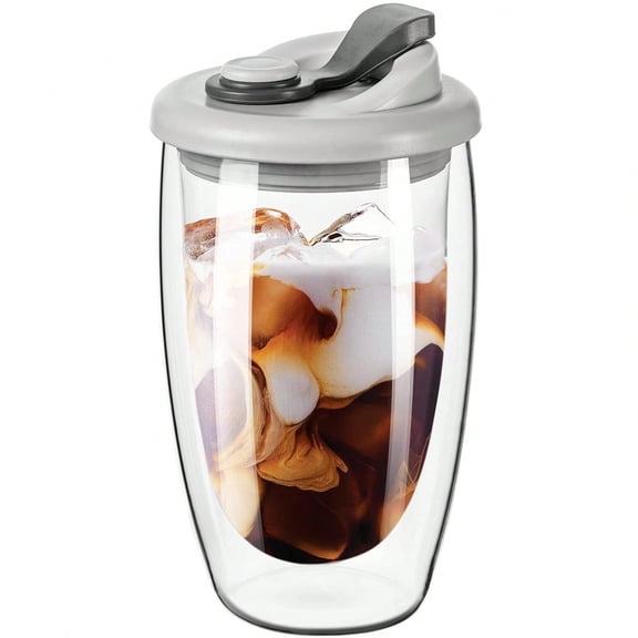 Double Wall Glass Coffee Mug Glass Coffee Cup With Silicone Lid 15 OZ Insulated Coffee Mug High Borosilicate Glass Double Walled Cup Portable Household Grey