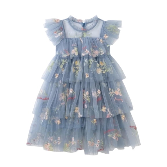 Curuila Kids Toddler Girls Mesh Dress Flutter Sleeve Floral Embroider Crew Neck Party Comfort Dresses For Girls Size 2-3 Years
