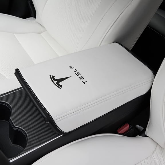 Center Console Cover for Tesla Model Y Model 3, Non-slip Armrest Cover for Tesla Model 3 Y Accessories, PU Leather Armrest Box Pad Protector (White)