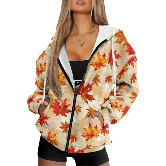 Renewold Maple Leaf Orange Womens Full Zip Oversized Hoodies Long Sleeve Cardigan Fashion Pullover Jackets Loose Fit Sweatshirt Hoodie Graphic Hoodie Trendy Fall Clothing for Leggings, XS