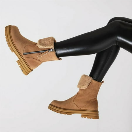 

Akiihool Womens Booties and Ankle Boots Women Lug Sole Low Heel Women Snow Boots Winter Shoes Warm Slip On (Khaki 9)