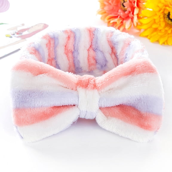 (Purple and pink stripes) Face wash makeup sports hair towel headband with bow elastic band