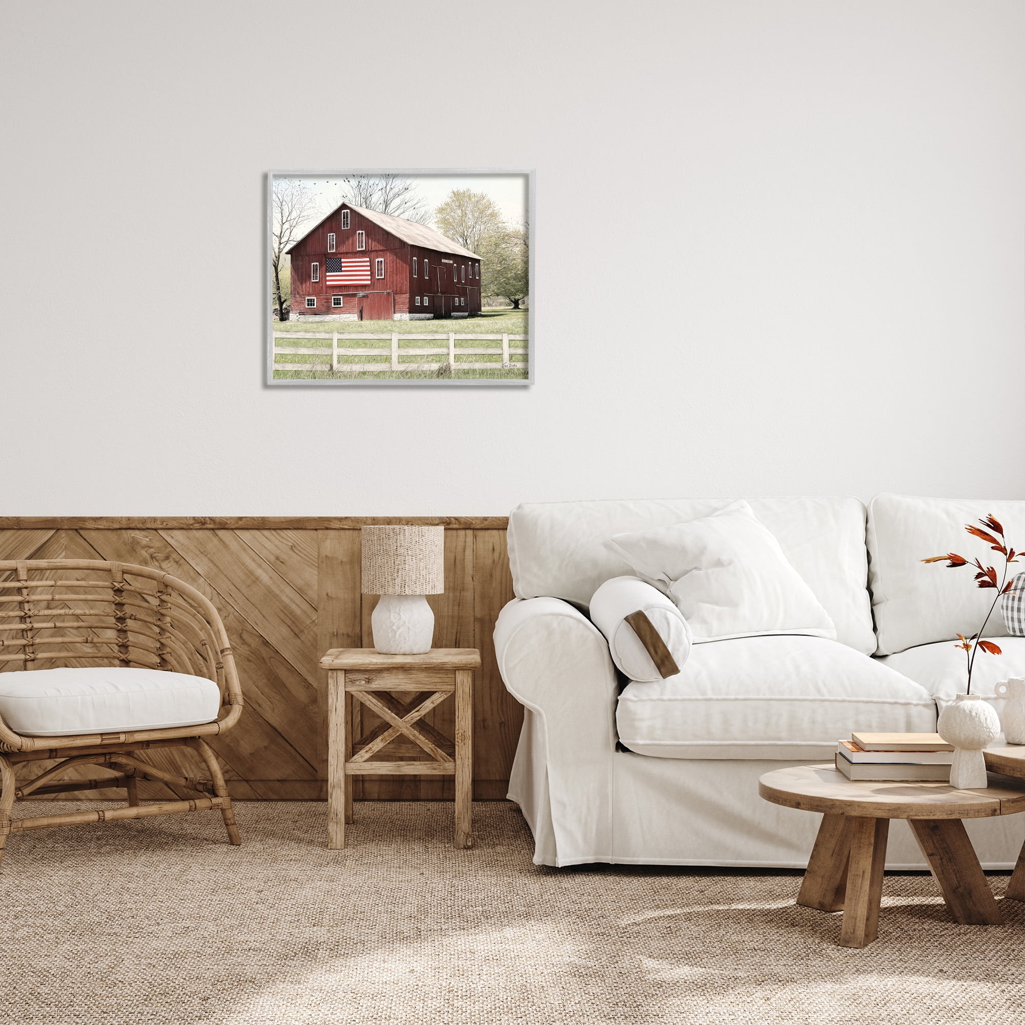 Stupell Industries Patriotic Barn Flag Landscape Painting Gray Framed Art Print Wall Art, 30 x 24