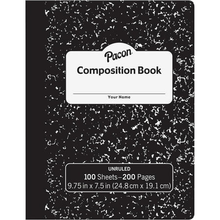 Pacon Unruled Compositon Book 100 Sheets - Plain - Unruled - 7 1/2" x 9 3/4" - Black Cover Marble - 24 / Carton