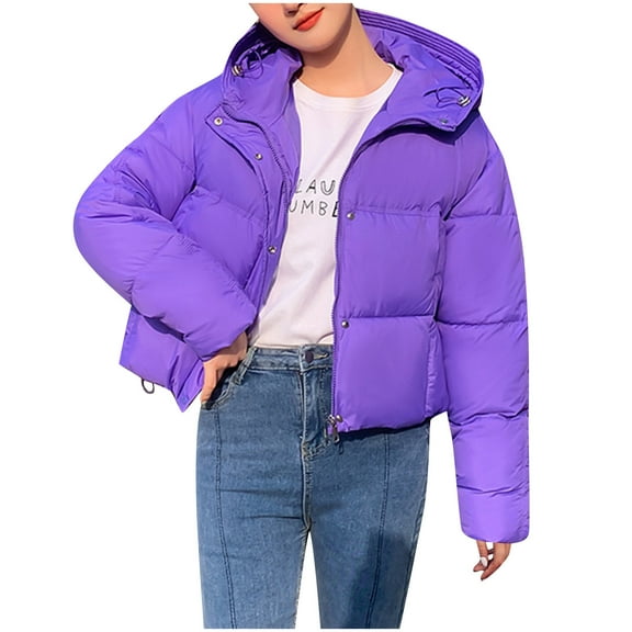 AGWOLF Cropped Puffer Jackets for Women Warm Lightweight Windproof Coats Classic Long Sleeve Hood Puffy Coat Winter Travel Outwear
