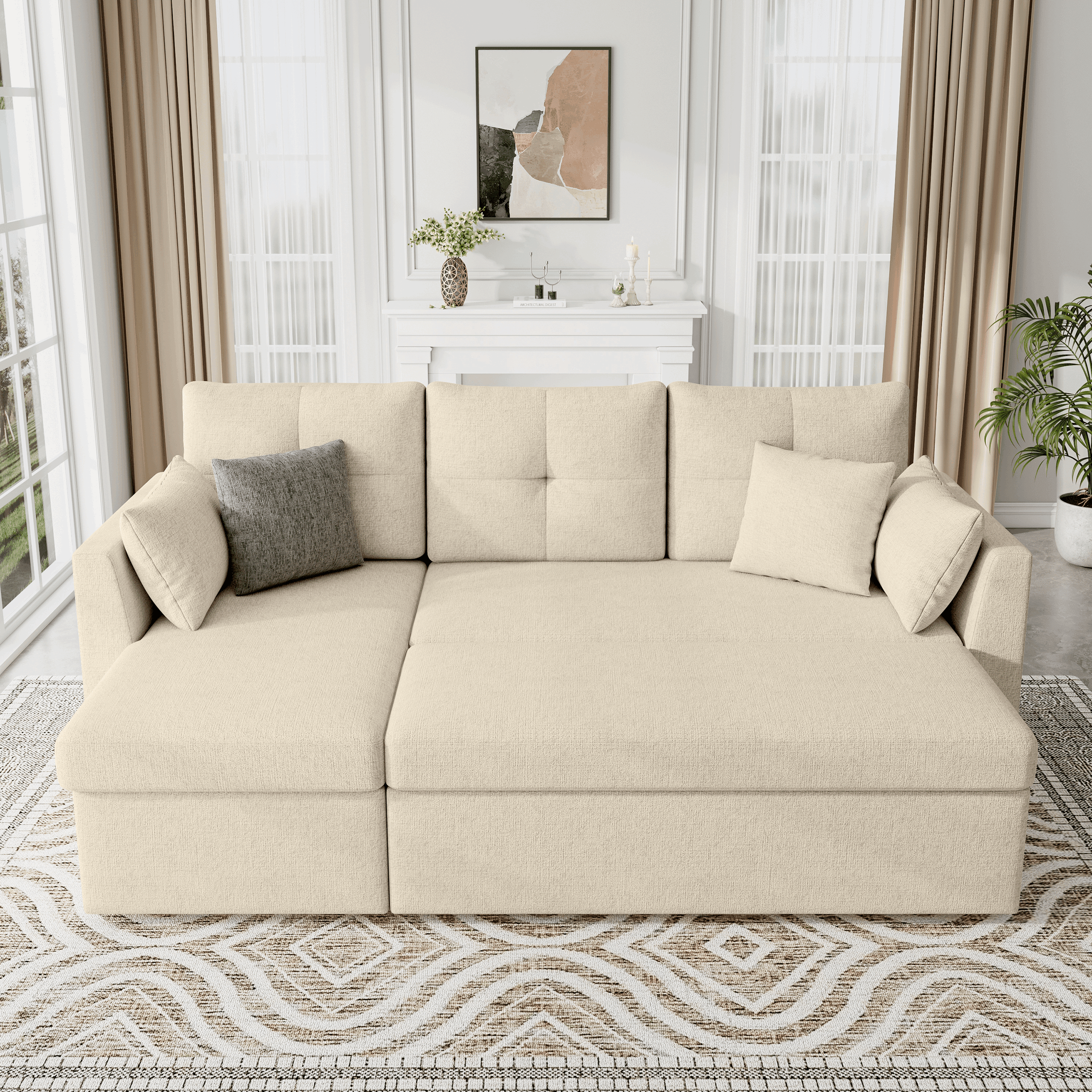 Mangodan Sectional Sleeper Sofa Couch, 2 in 1 Pullout Couch  Sleeper Sofa Bed with Storage Chaise, Side Pocket, Beige