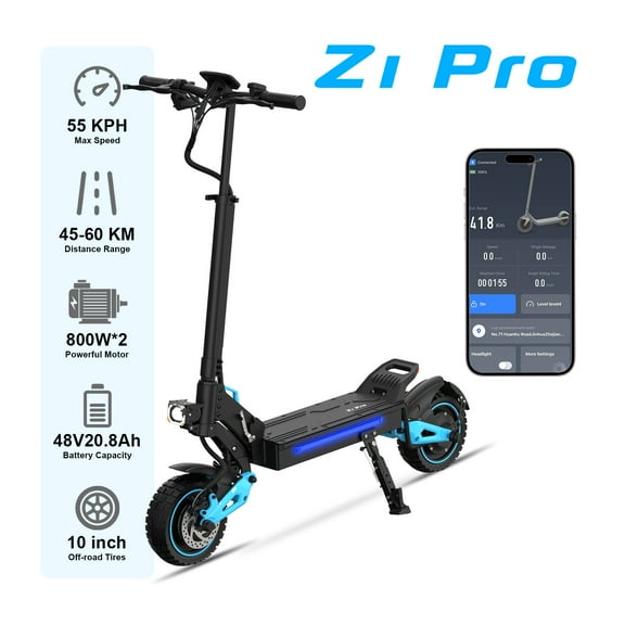 Z1PRO 800W Range 65km Portable Escooter Electric Scooter for Adults with 48V20.8Ah Battery 10 Inch Off-Road Tire