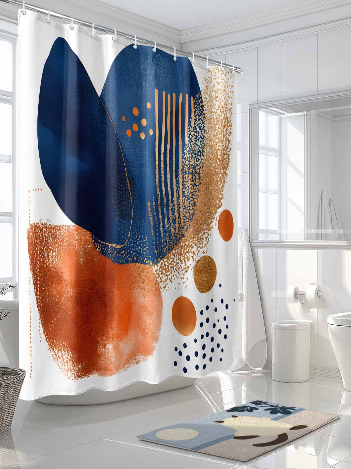 Shower Curtains Abstract Ombre Blue Gold Orange Bath Curtain Modern Art Waterproof Bathroom Shower Curtain Set with Hooks Decoration 72 x 84 Inches