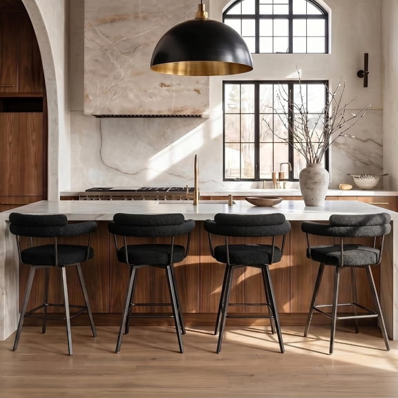 LAZZO 26" Swivel Bar Stools Set of 4, Modern Counter Height Bar Chairs with High Back and Metal Legs for Kitchen Island, Black
