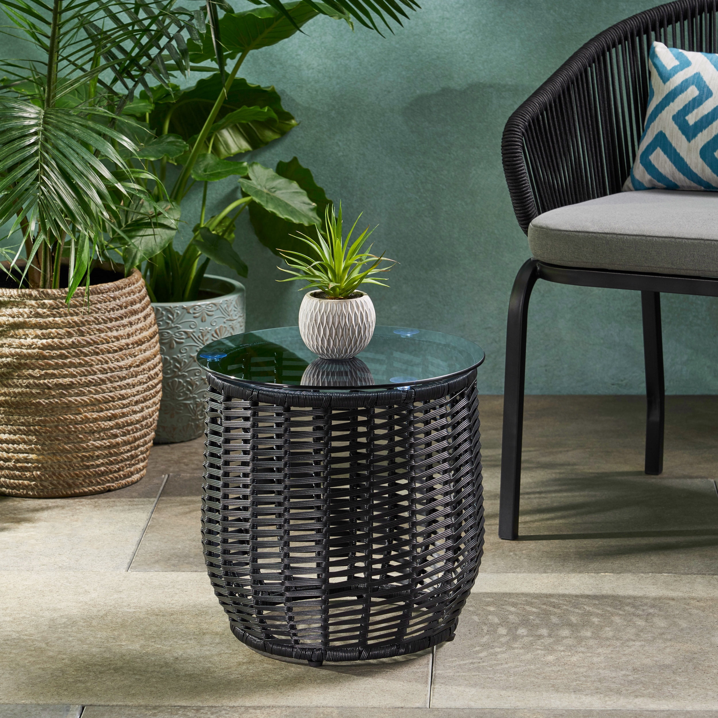 Kriday Wicker Side Table with Tempered Glass Top, Black
