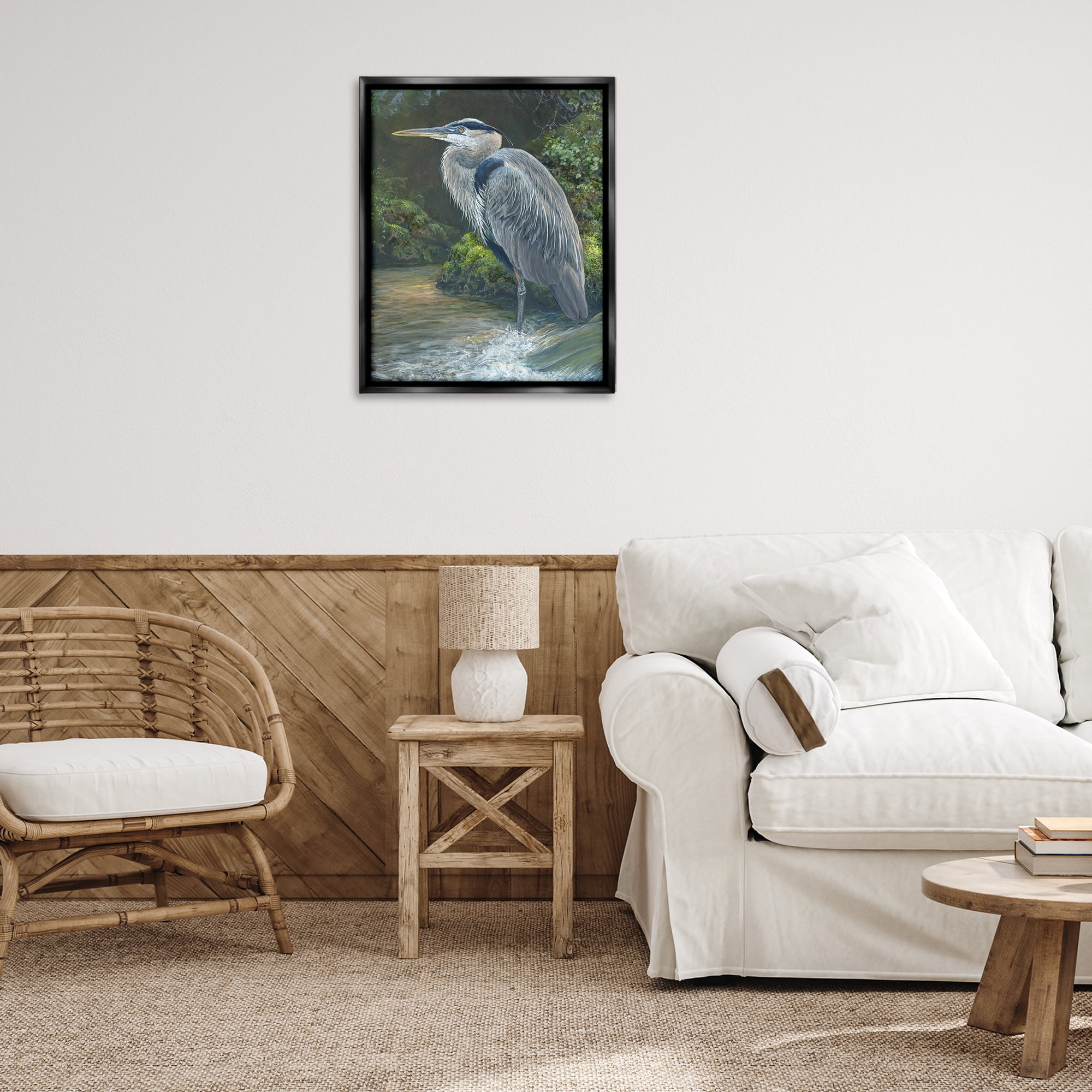 Stupell Industries Blue Heron at Water's Edge Animals Painting Black Floater Framed Canvas Art Print Wall Art, 25 x 31