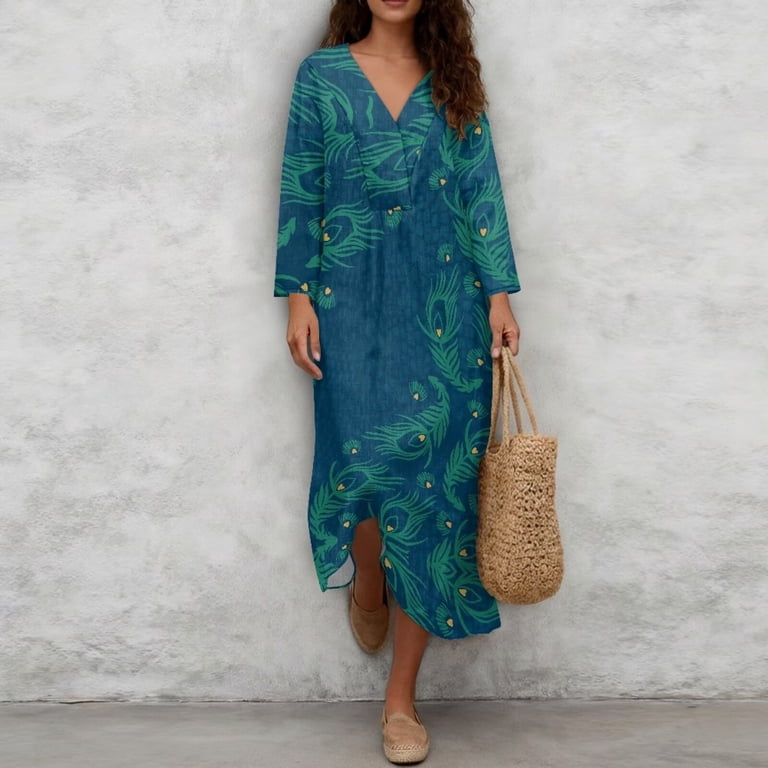 blue feather print dress SCRAWLGOD Teal Peacock Womens Summer Linen Textured V-Neck Casual Loose Fit 3/4 Sleeve Midi Dresses for Daily Life, Streetwear, M Maxi dress