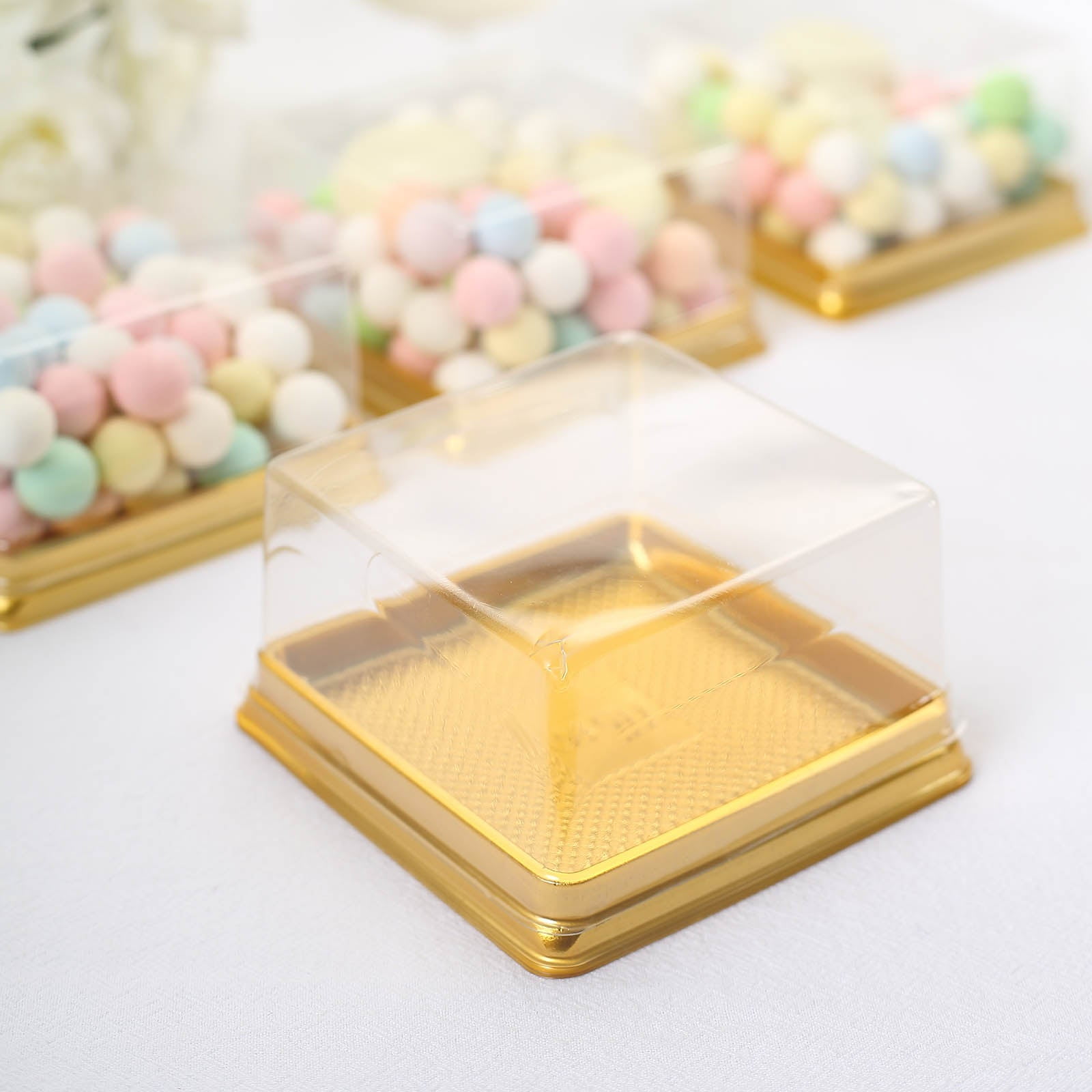 12 Pack, 3.5 Clear Metallic Gold Plastic Dessert Boxes, eFavorMart