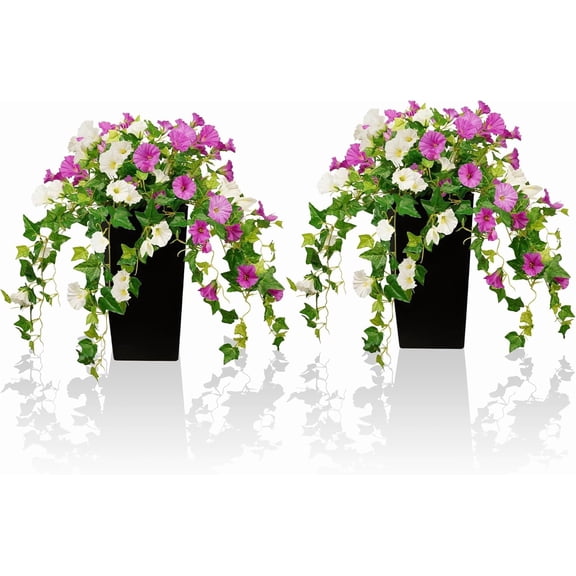 UV Resistant Artificial Petunias Purple White 2 Pack with Pot