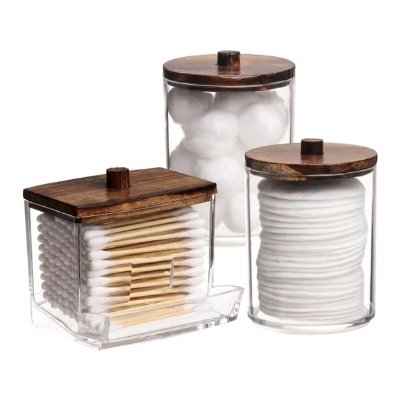 Qtips Holder Bathroom Dispenser, Cotton Ball/Swabs Dispenser, Apothecary Jar Organizer for Storage，Brown Wood Lids（3pc） ﻿