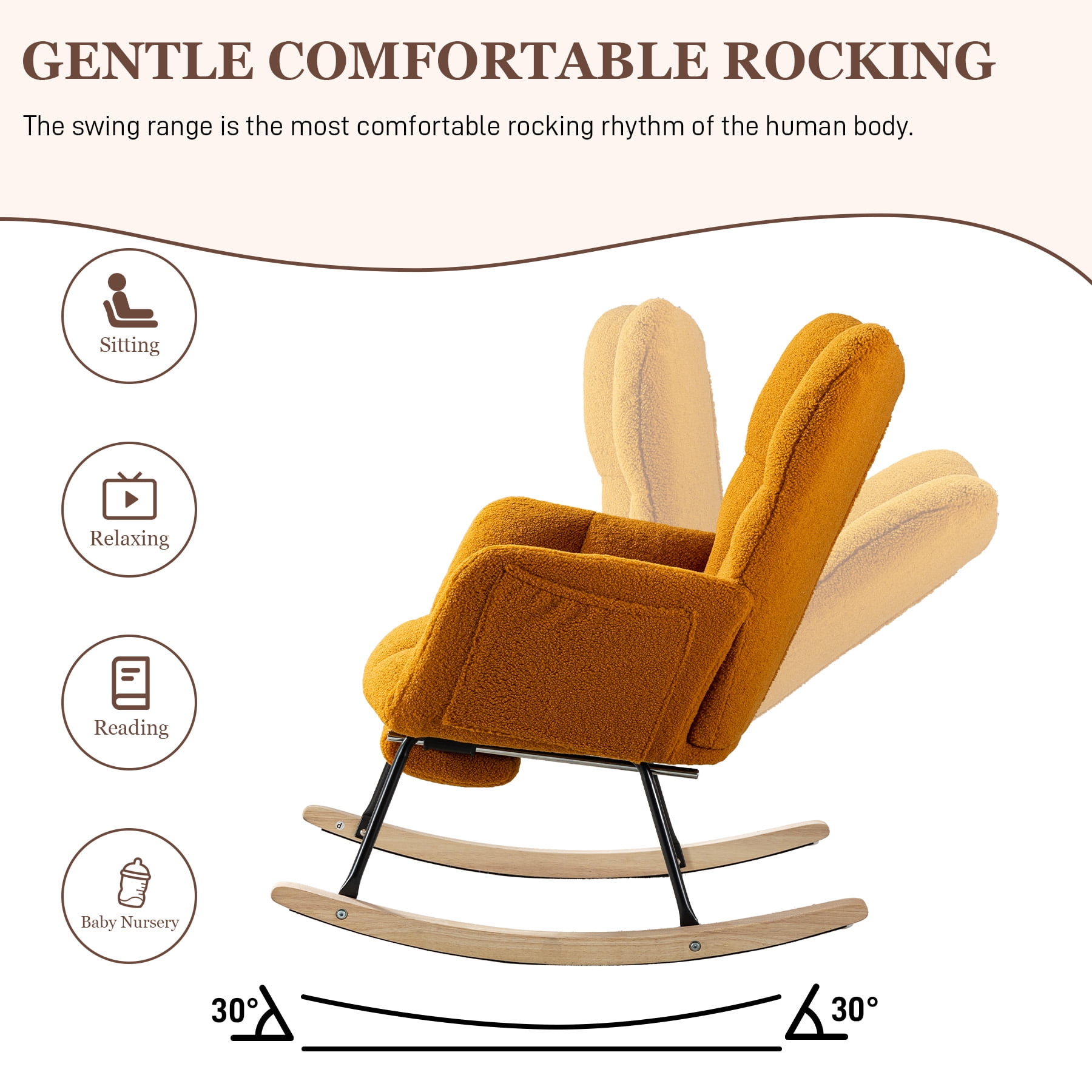 WIILAYOK Rocking Chair with Foot Rest,Teddy Upholstered Glider Chair with High Back Side Pocket Accent Rocker Arm Chair for Living Room Bedroom Office,Caramel