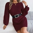 thumbnail image 5 of Busydd Women Sweater Dress Solid Color Long Sleeve Fall Dresses Fashion Round Neck Ribbed Mini Dress Comfortable Warm Women's Casual Dresses S, 5 of 8
