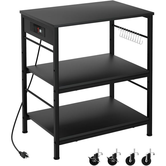 Bakers Rack with Power Outlet Microwave Shelf Stand Black Coffee Bar Table Cart 3 Tier Kitchen Carts on Wheels with Storage and 10 S-Shaped Hooks for Living Room Dining Room Office