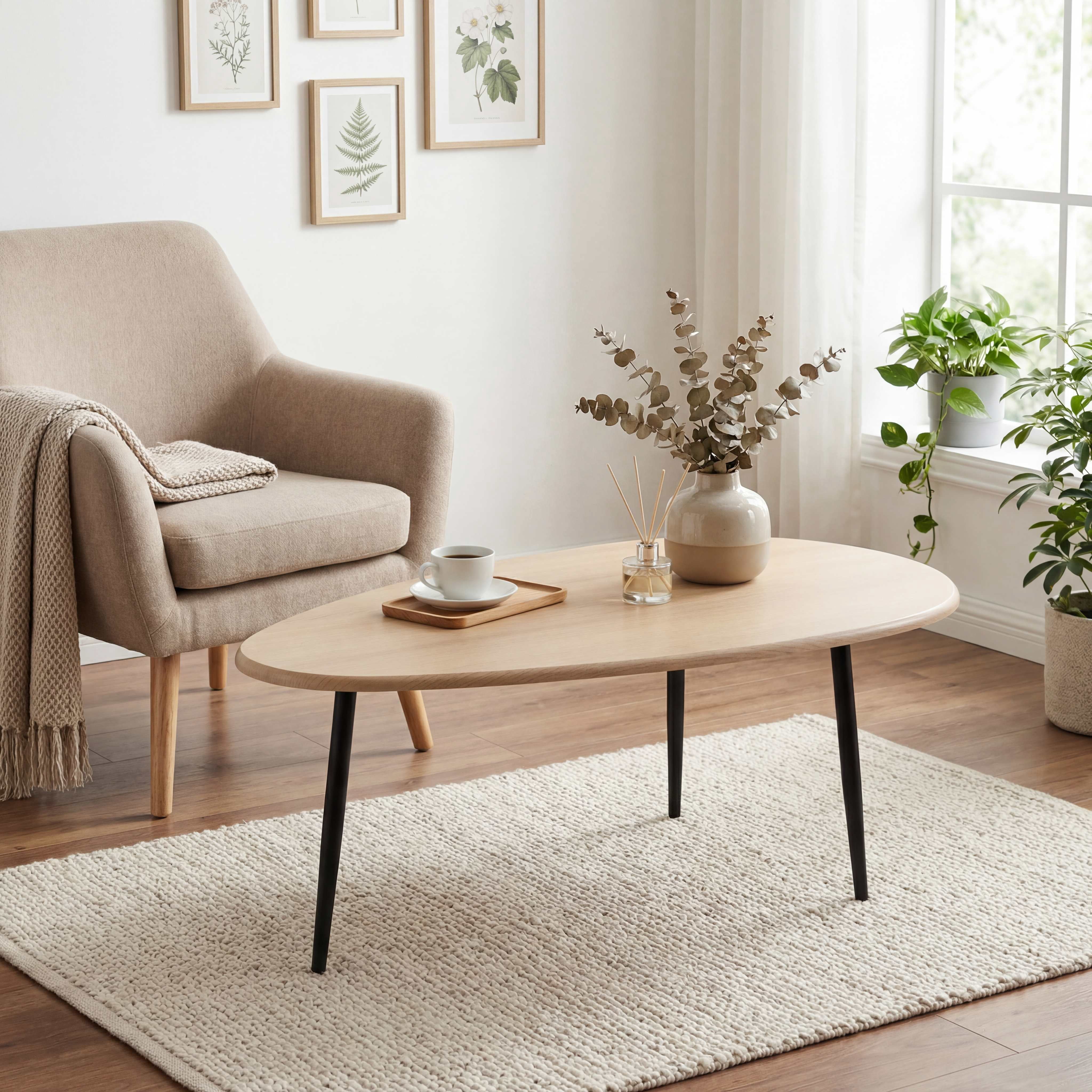 ELLEGNT Oval Coffee Table,Mid-Century Modern Center Table with Sturdy Metal Frame, Compact Retro Sofa Table for Living Room