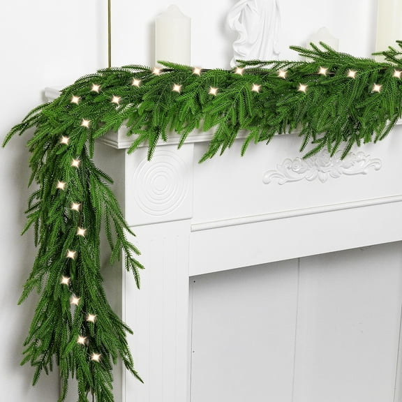 TETOU 9Ft Christmas Norfolk Pine Garlands, Pre-lit Faux Greenery Pine Garland, Real Touch Norfolk Pine Staircase Garland for Christmas Decorations Indoor mantel Door Holiday Decor