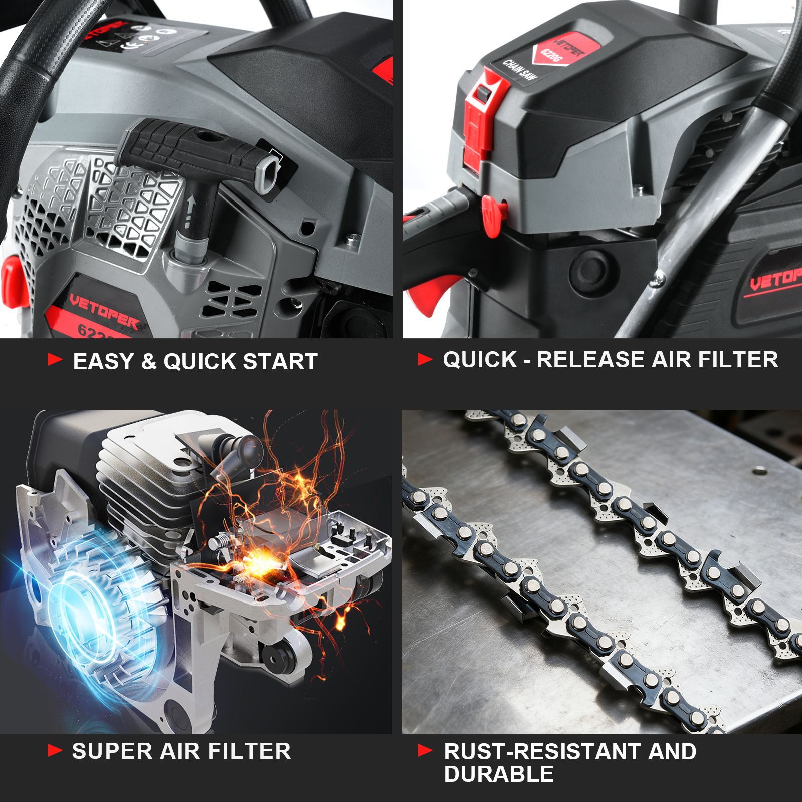Vetoper Gas Chainsaw 62CC 2 Stroke Handed Petrol Gasoline Powered Chain Saw 6220G with Two Bars (18in+20in)