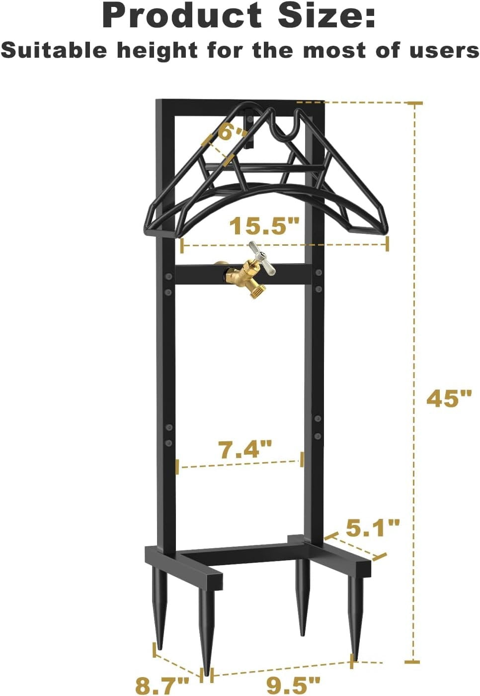 Outdoor Garden Hose Holder Freestanding with Brass Faucet And 4 Spikes, Heavy Duty Metal Water Hose Reel Stand Hanger Rack Organizer Holds Storage 150ft Hose for Outside Yard Lawn, Black