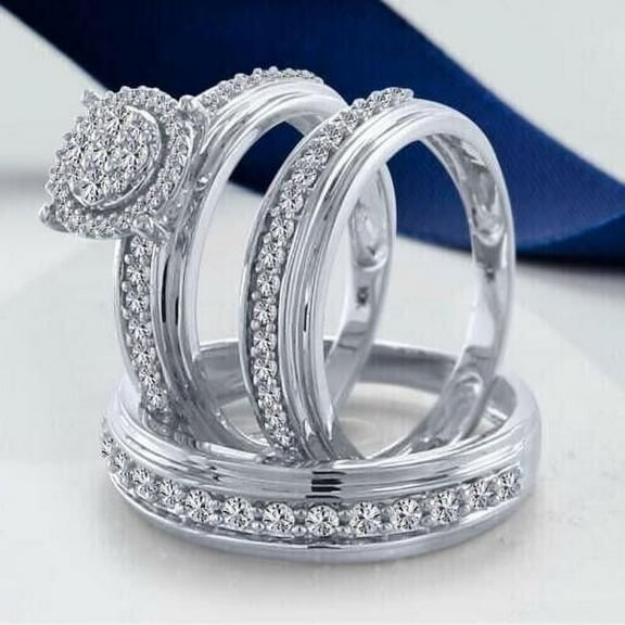 TAAPSEE JEWELS His & Her Trio Enagement Ring Set 14K White Gold Plated Round Cut Cubic Zirconia Silver