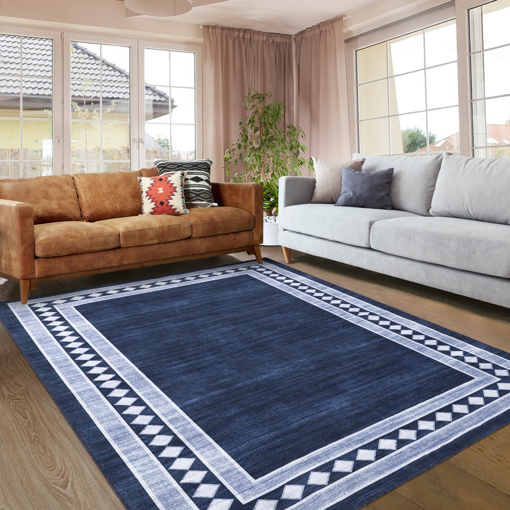 Garvee 10'x13' Modern Area Rug Solid Bordered Rugs, Washable Geometric Neutral Accent Carpet with Non-Slip Backing, Low Pile Stain-Resistant Rug for Living Room Dining Room Home Office, Blue