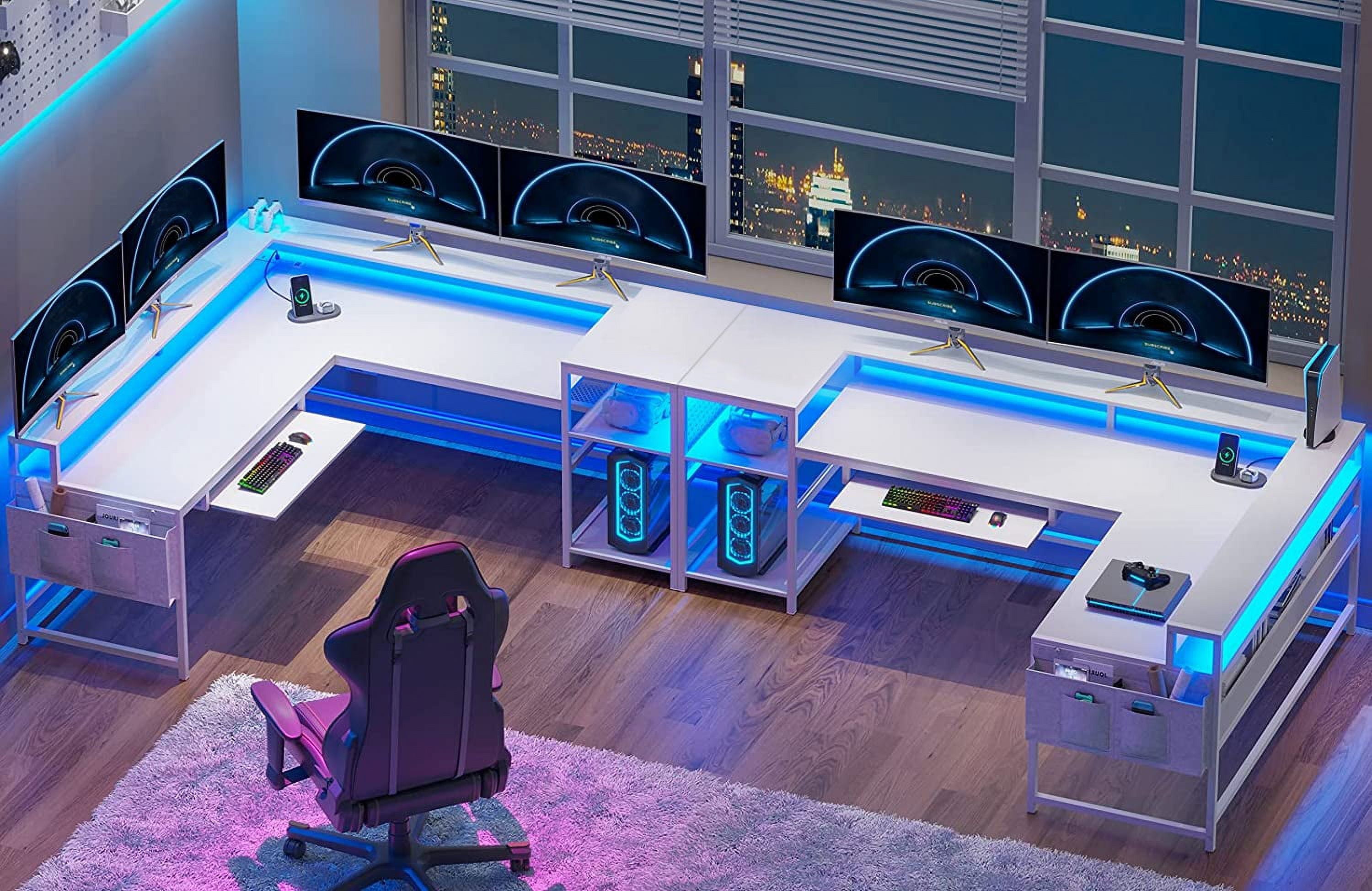 L-Shaped Computer Desk with Power Outlets & LED Lights, Reversible Corner Gaming Desk with Monitor Stand & Storage Shelves, White