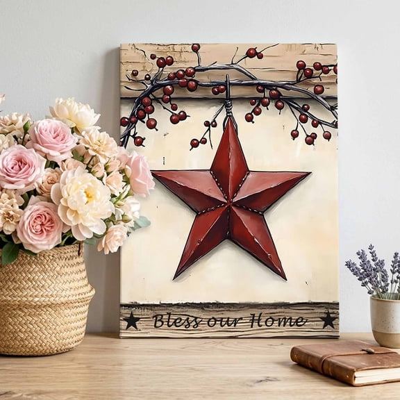 Canvas Wall Art Farmhouse American Canvas Art Print Country Star Berries Vintage Wood Grain Pictures Wall Decor for Living Room Bedroom Artwork Decorations Stretched Framed Ready to Hang 12"x16"