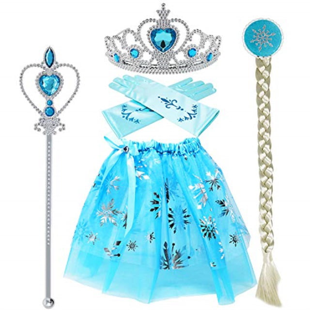 Tacobear Girls 5PCS Princess Dress up Accessories Gift Set Dress Tiara Crown Wig Wand Gloves Blue