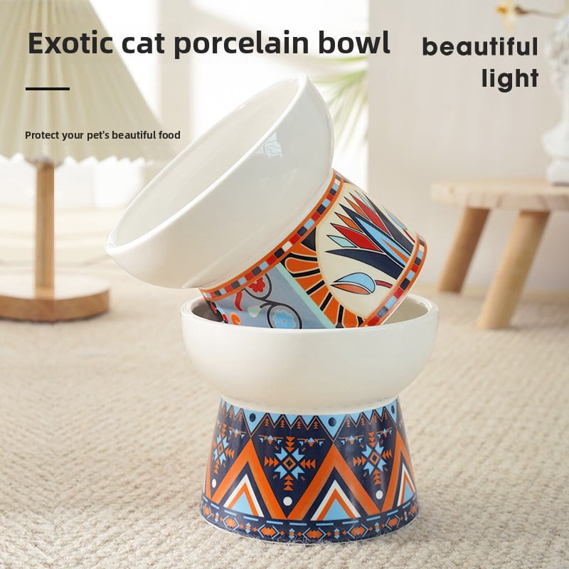 White Small Ceramic Raised Cat Bowls, Tilted Elevated Food or Water Bowls, Stress Free, Backflow Prevention, Dishwasher and Microwave Safe, Lead & Cadmium Free