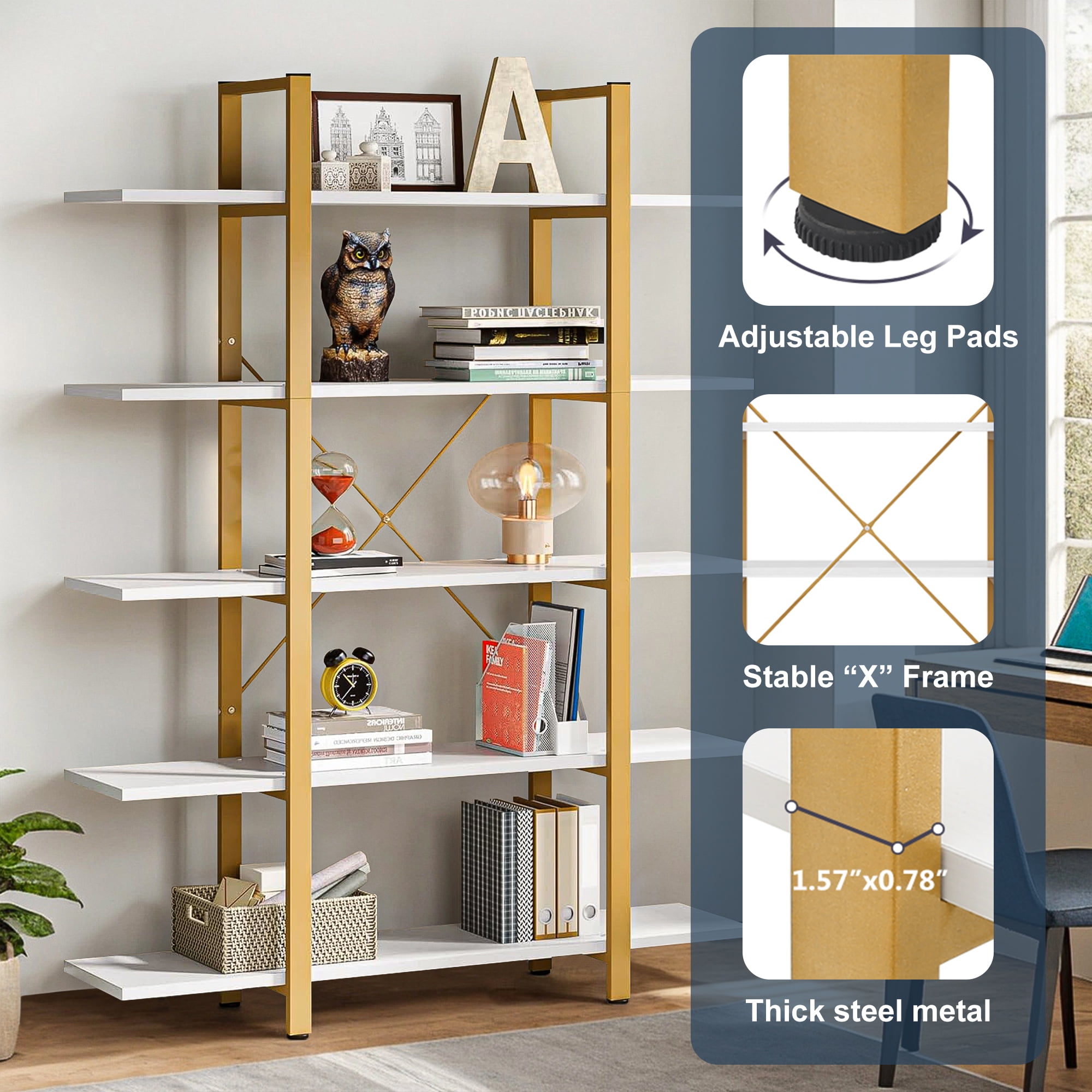 Demi Bonn 5 Tier Bookshelf, Bookshelves, Open Etagere Bookcase Shelf Storage Organizer, Free Standing Storage Shelving Unit for Bedroom, Living Room and Home Office, White & Gold