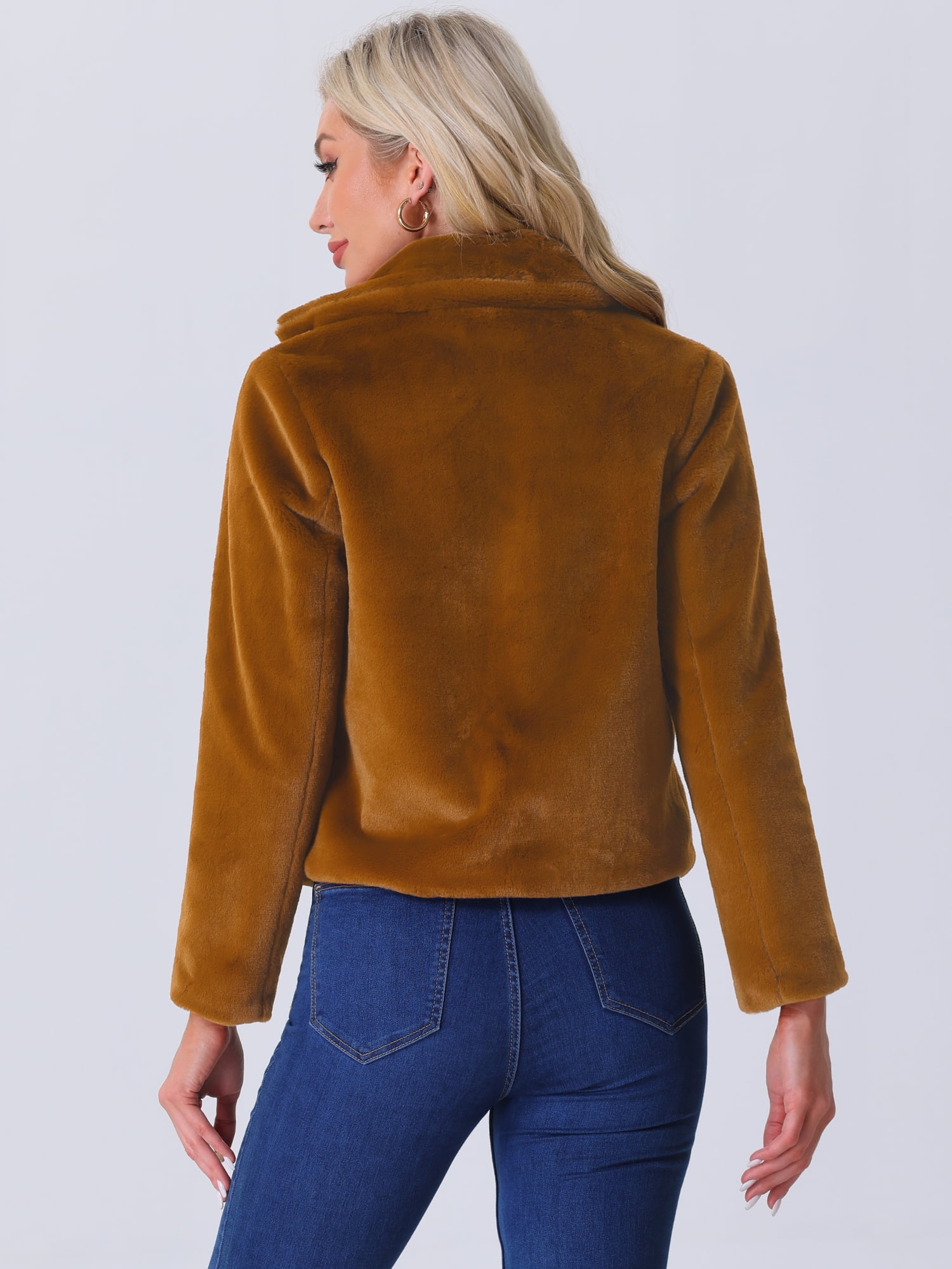 DARING DIVA Women's Cropped Notch Lapel Faux Fur Fluffy Coat M Brown