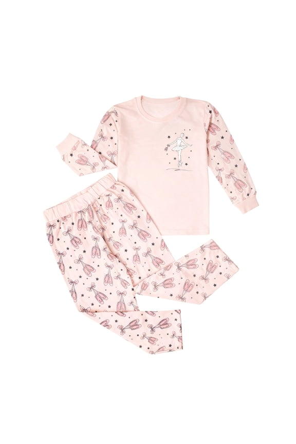 Girls Ballet Print O-Neck Sleep Shirts Pants Two Piece Night Leisure Home Soft Comfortable Sleep Outfit Sets Kids Long Sleeve Fashionable Clothes Sets