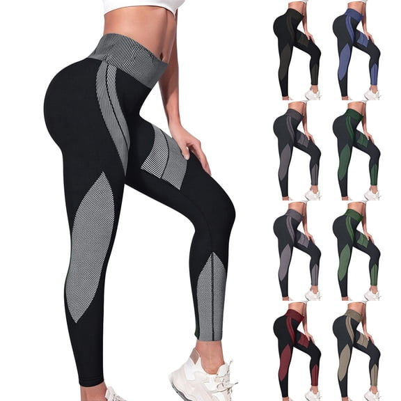 Women's High Waisted Yoga Pants, Color Block Tapered Workout Leggings, Butt Lifting Seamless Sports Pants with Side Stripes, Breathable Running Gym Tights for Women-Blackish Green