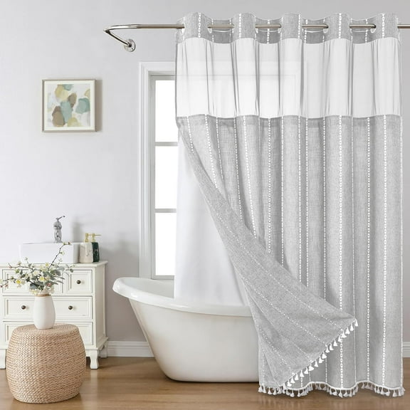 No Hook Extra Long Shower Curtain Set with Snap-in Liner,Linen Textured Thick Striped Fabric with Tassels, Chic Modern Farmhouse Bathroom Curtain,Water-,Grey/Gray,71x86