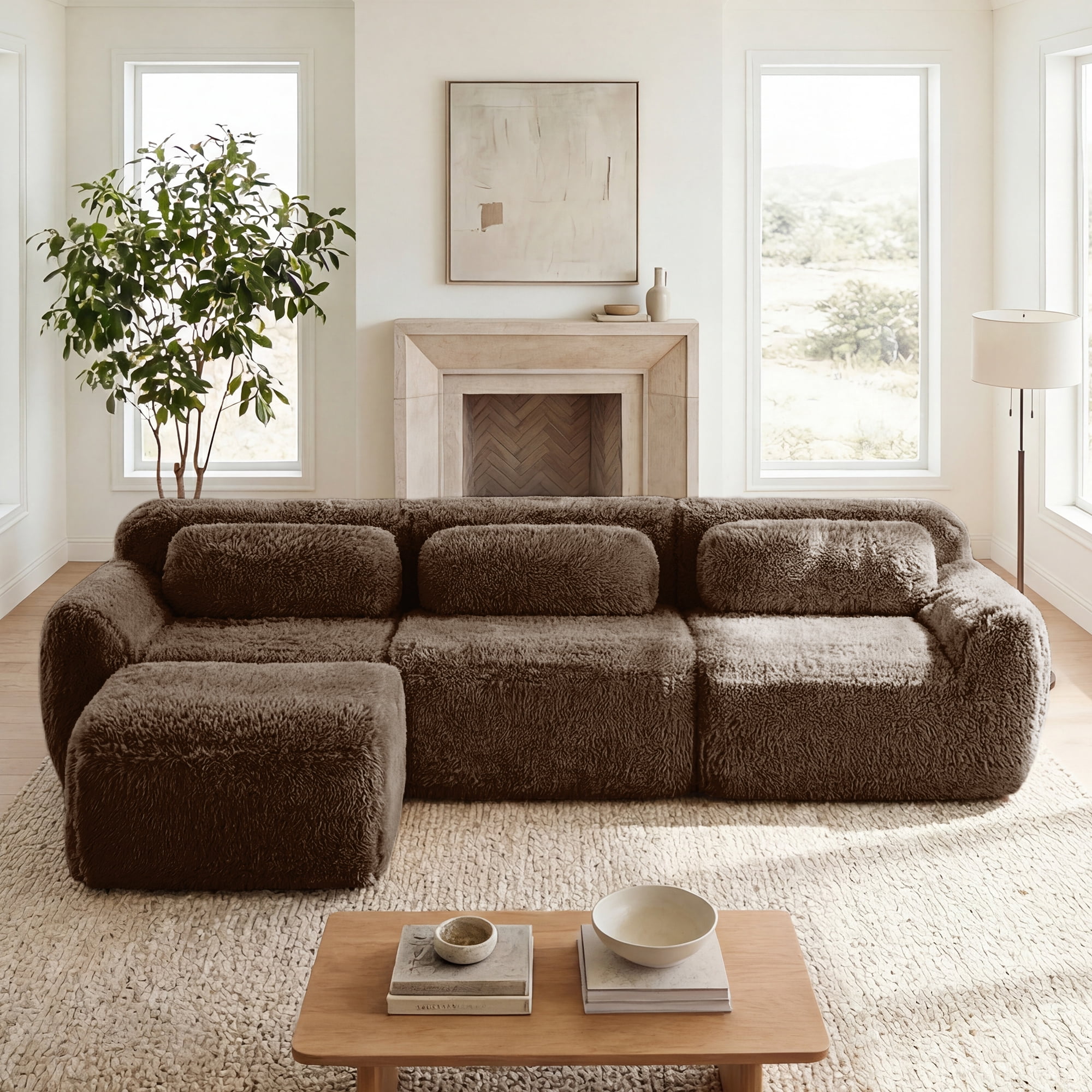 MAYEERTY 114.7" L-Shaped Plush Boneless Sofa, Chocolate 32D Foam Non-Slip Base Buckle Connection No Assembly Couch with Pillows & Movable Ottoman for Living Room