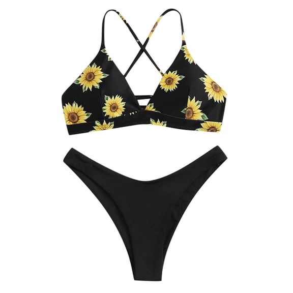 DHFJKG Swimsuits For Women Floral Print Two Piece Triangle Padded Bikini Set Criss Cross Back Lace Up Top Thong Bottoms Holiday Beachwear