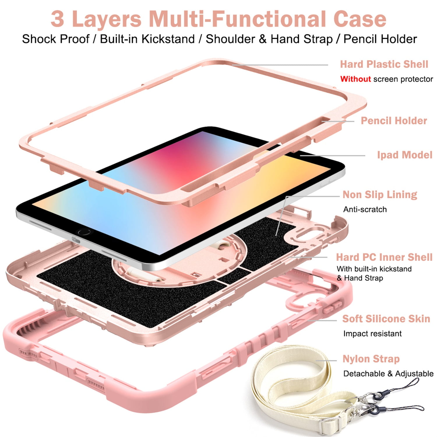Tarise Case for Apple iPad 10th Generation 10.9 inch (2022), 360° Rotating Kickstand with Pencil Holder/ Hand Strap/ Shoulder Strap Hard PC Rugged Silicone Shockproof Bumper Stand Cover, Rosegold