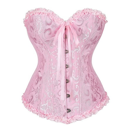 

Seyurigaoka Women Juniors Tie up Overbust Corset Boned Ruffle Jacquard Bustier with Bow