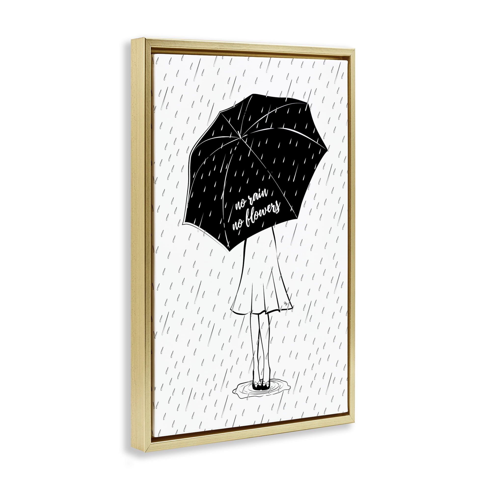 Stupell Industries No Rain No Flowers Novelty Painting Gold Floater Framed Art Print Wall Art, 21 x 31