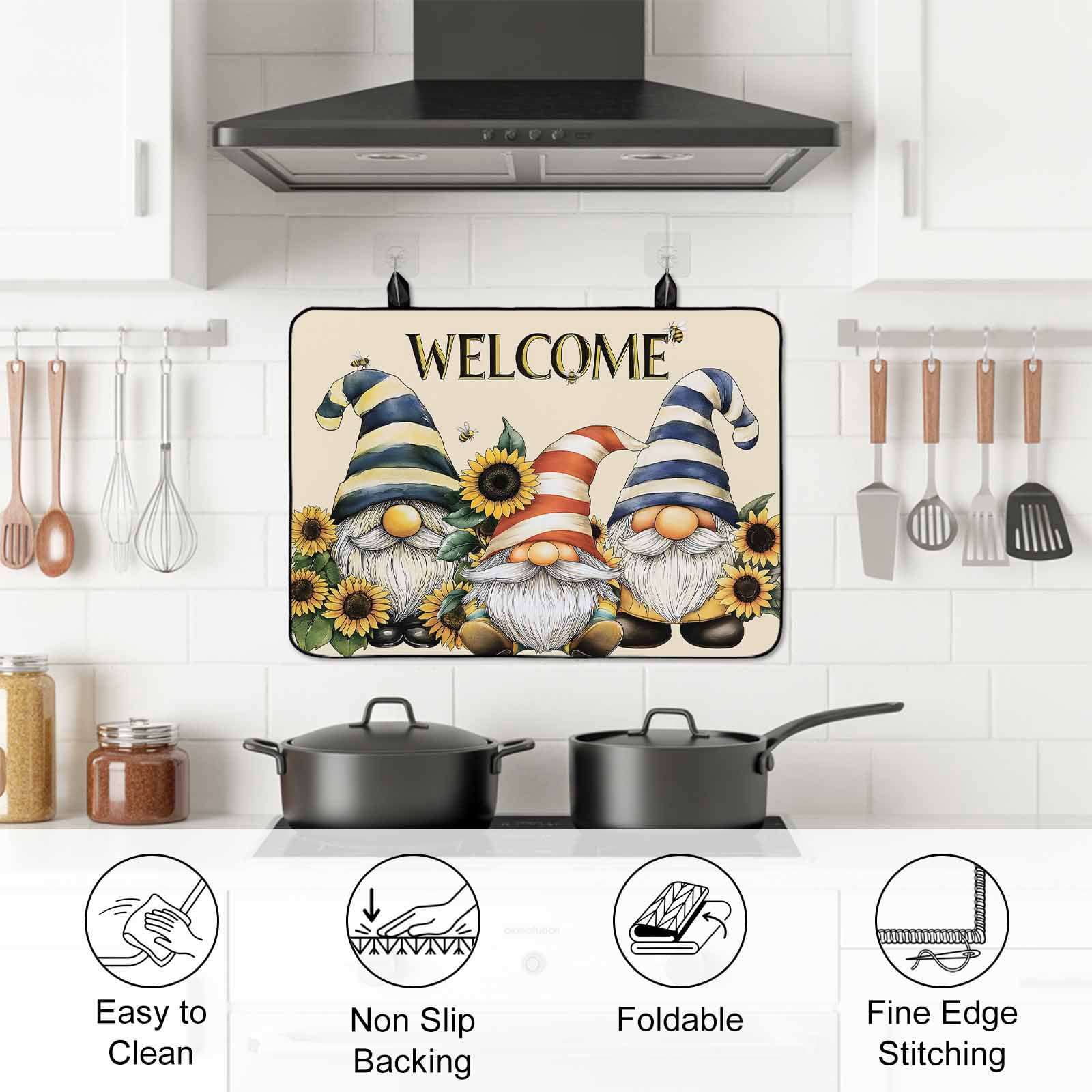 Sunflower Gnomes Stove Top Cover for Electric Stove, Heat-proof & Non Slip Glass Top Stove Cover Protector, Yellow Summer Botanical Striped Bee Vintage Kitchen Flat Cooktop Rubber Mat 24x21 Inches