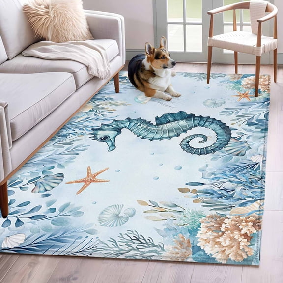 Seahorse 3x5 Area Rugs for Living Room, Coastal Jellyfish Shell Eucalyptus Leaf Seaweed Non Slip Floor Mat Washable Low-Profile Indoor Carpet for Bedroom, Dining Room, Bathroom